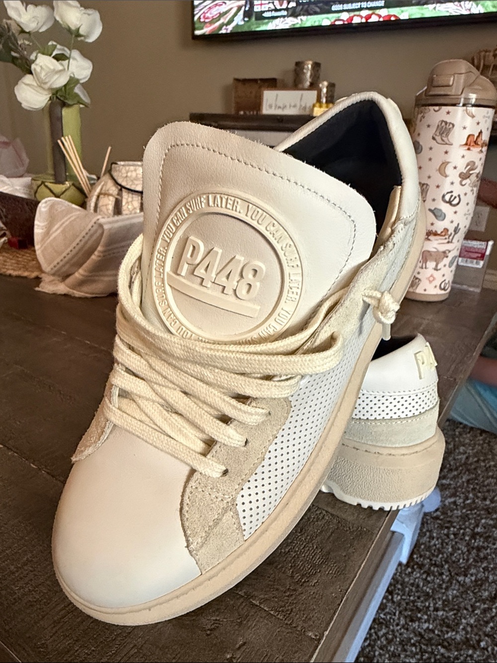 P448 white/Cream Platform Perforated Leather Sneakers